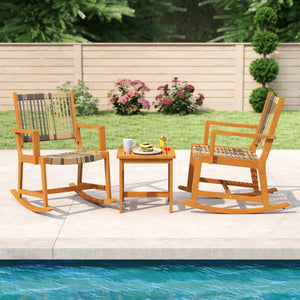 3 Piece Patio Rocking Set Acacia Wood Rocker Bistro Set with Rattan Seat and Back