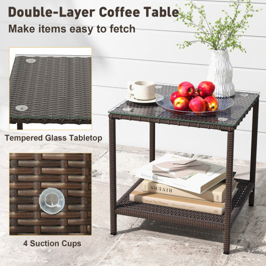 3 Piece Patio Rocking Set Wicker Rocking Chairs with 2-Tier Coffee Table-Black