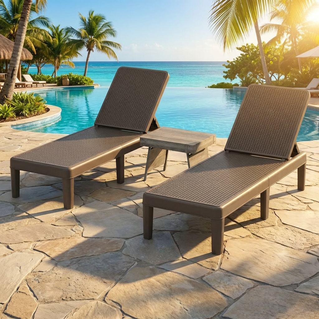3-Piece Patio Set with 2 Adjustable Lounger Chairs and Rattan Side Table