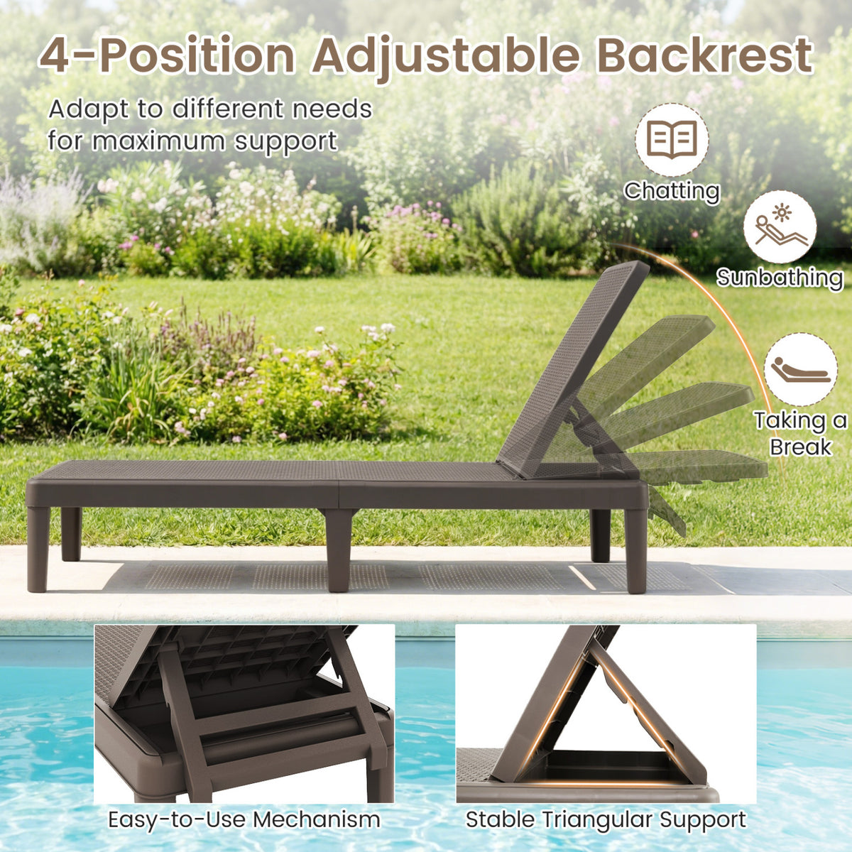 3-Piece Patio Set with 2 Adjustable Lounger Chairs and Rattan Side Table