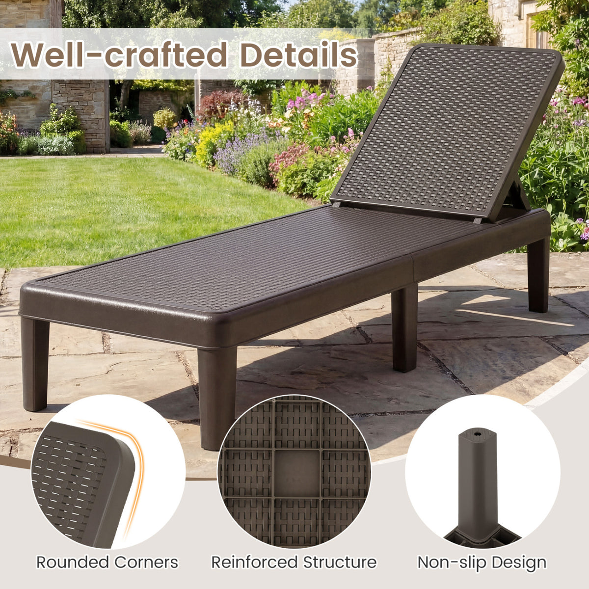 3-Piece Patio Set with 2 Adjustable Lounger Chairs and Rattan Side Table