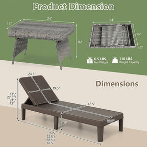 3-Piece Patio Set with 2 Adjustable Lounger Chairs and Rattan Side Table