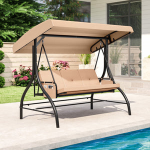 3-Piece Patio Swing with Canopy Removable Cushions and Side Pockets-Beige