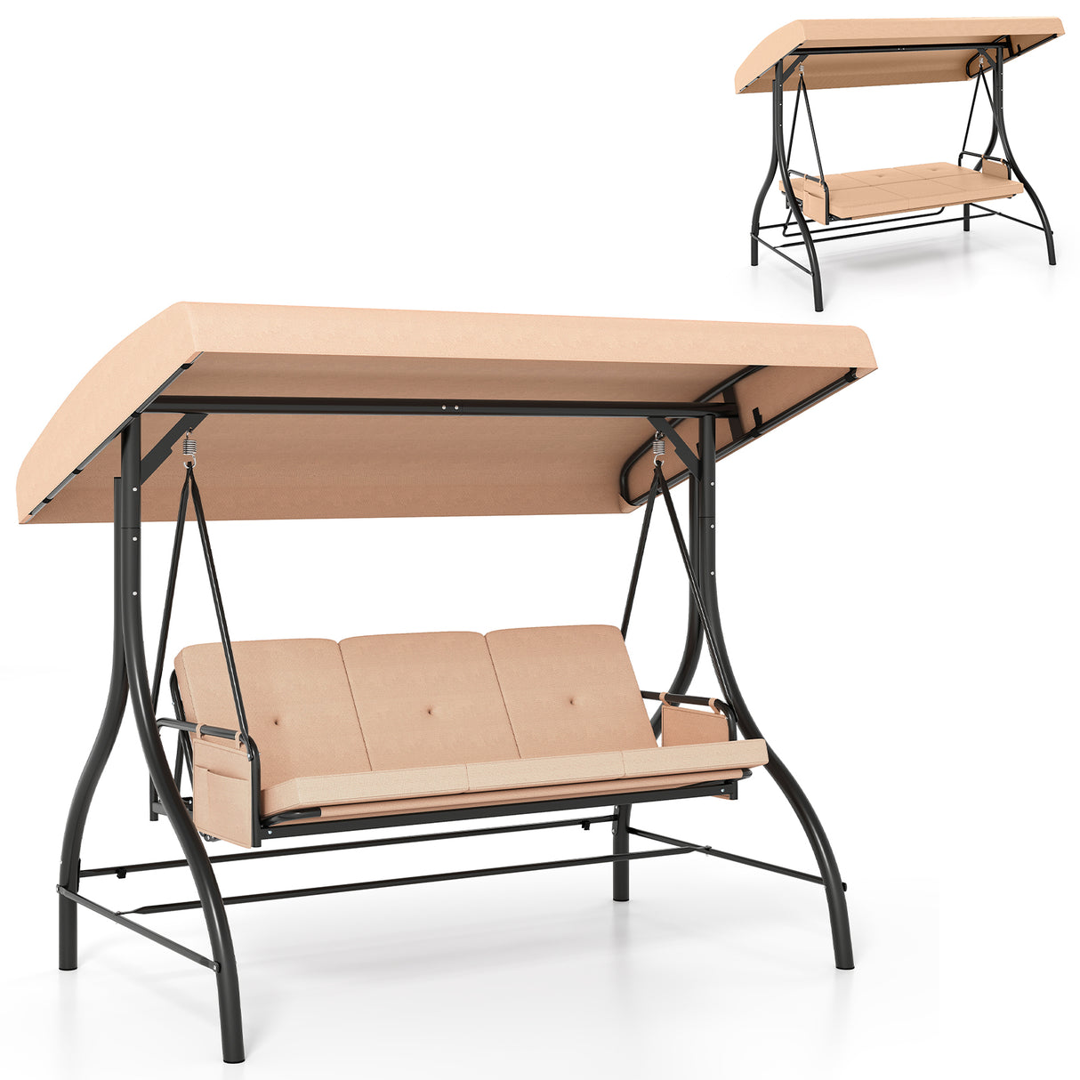 3-Piece Patio Swing with Canopy Removable Cushions and Side Pockets-Beige