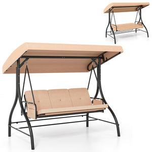 3-Piece Patio Swing with Canopy Removable Cushions and Side Pockets-Beige
