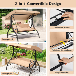3-Piece Patio Swing with Canopy Removable Cushions and Side Pockets-Beige