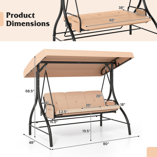 3-Piece Patio Swing with Canopy Removable Cushions and Side Pockets-Beige