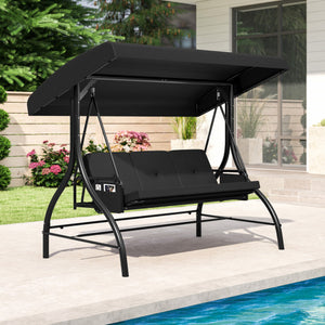 3-Piece Patio Swing with Canopy Removable Cushions and Side Pockets-Black
