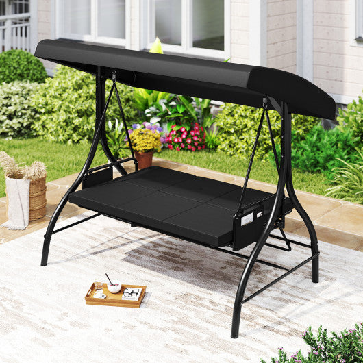 3-Piece Patio Swing with Canopy Removable Cushions and Side Pockets-Black