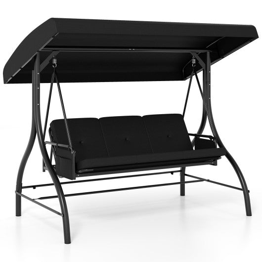 3-Piece Patio Swing with Canopy Removable Cushions and Side Pockets-Black