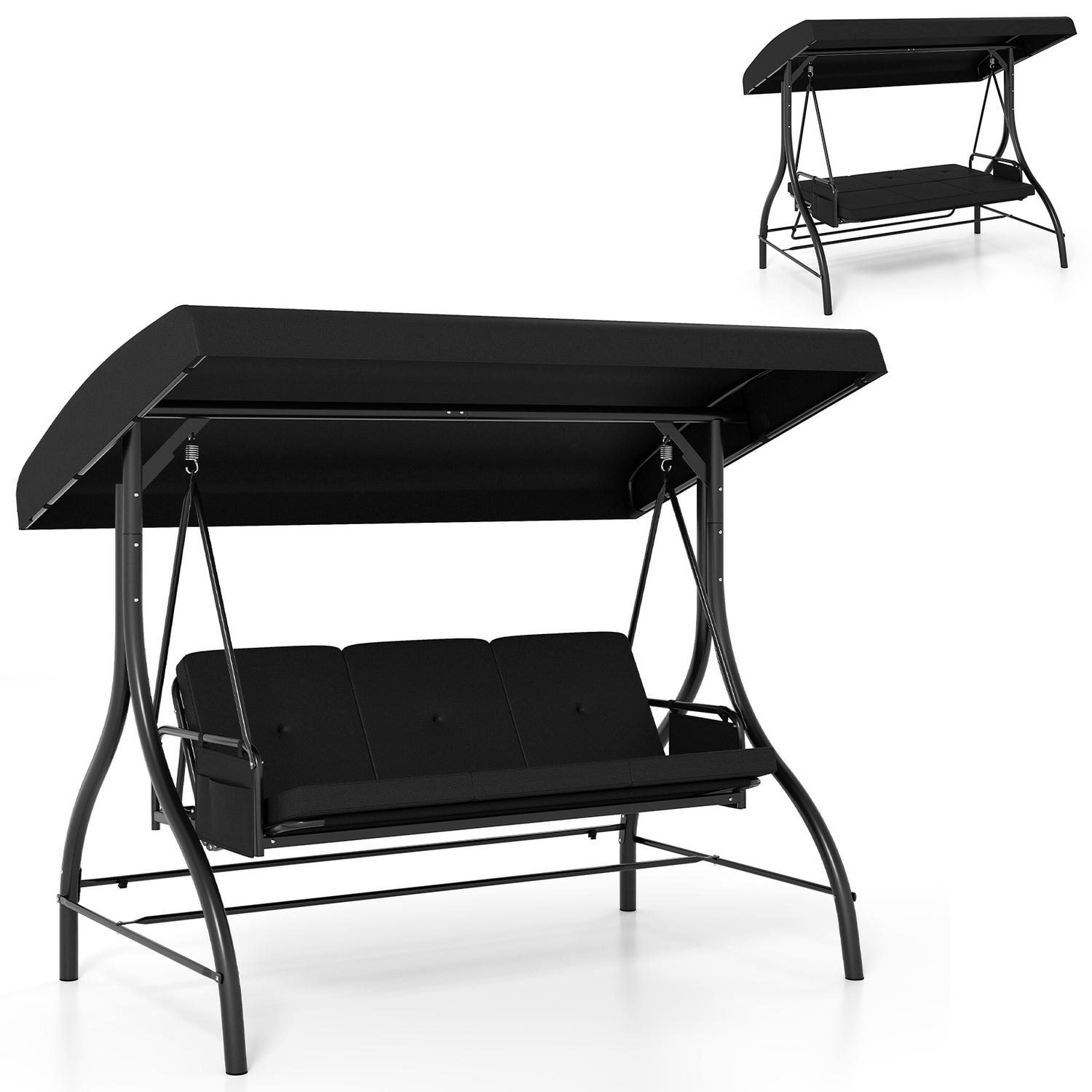 3-Piece Patio Swing with Canopy Removable Cushions and Side Pockets-Black