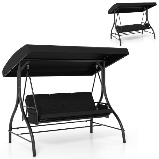 3-Piece Patio Swing with Canopy Removable Cushions and Side Pockets-Black