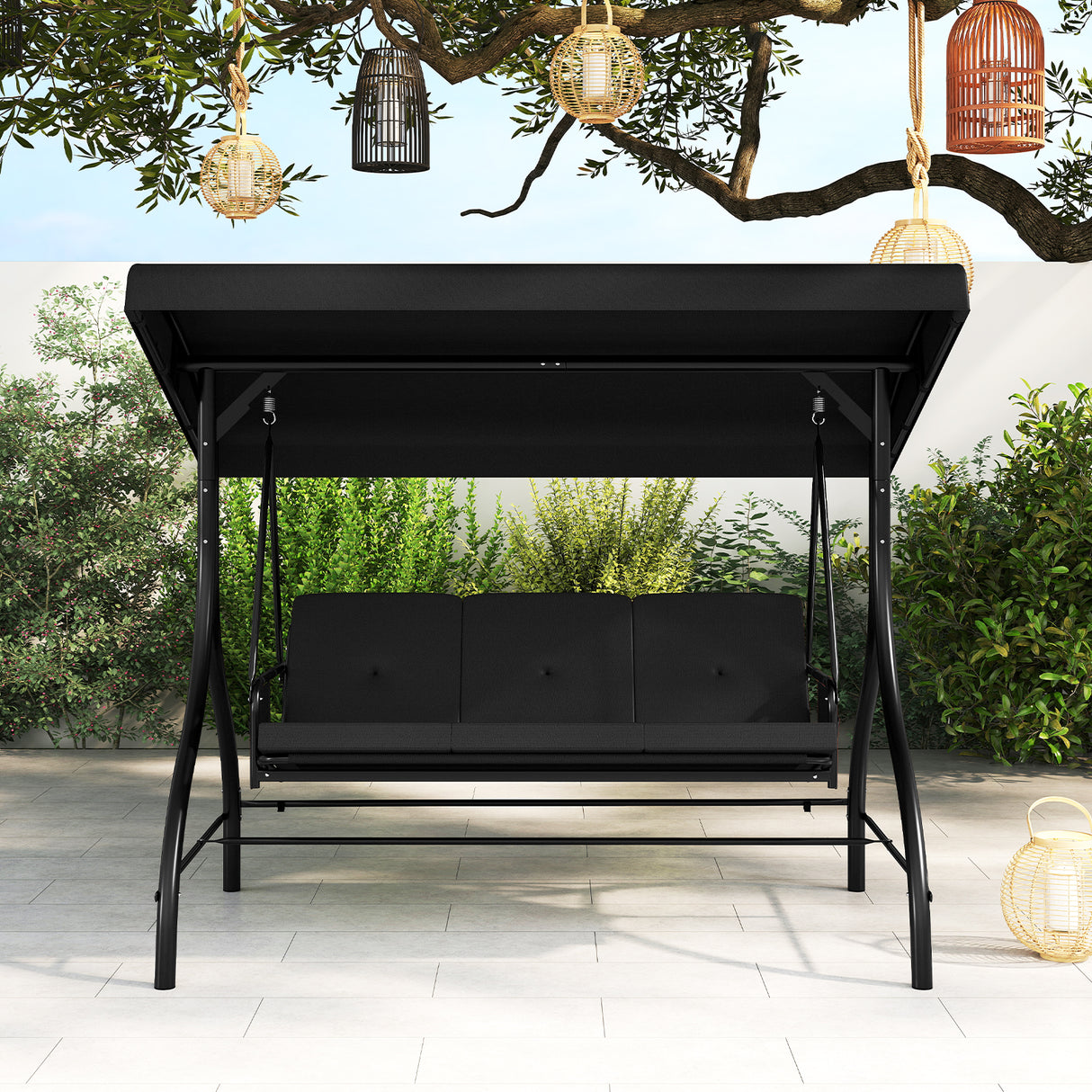 3-Piece Patio Swing with Canopy Removable Cushions and Side Pockets-Black