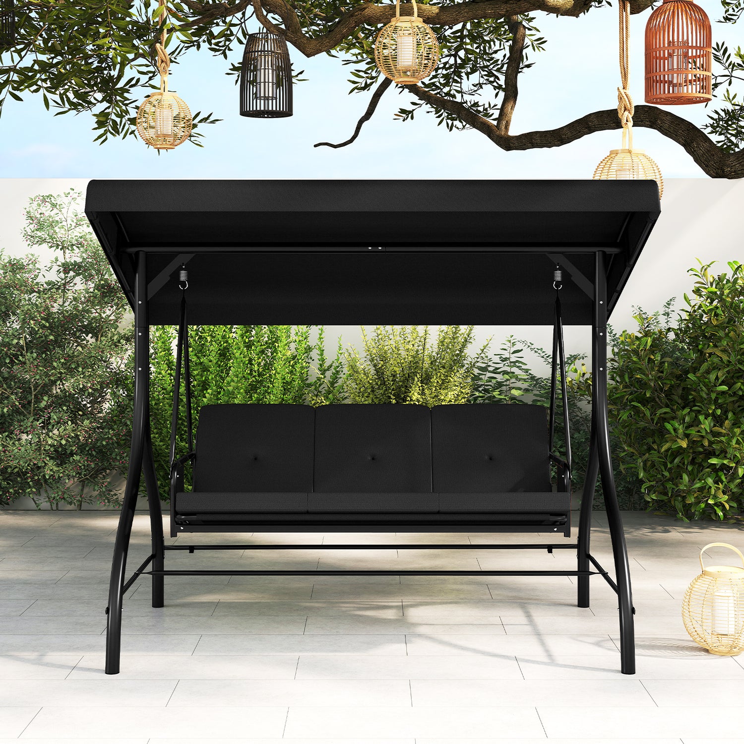 3-Piece Patio Swing with Canopy Removable Cushions and Side Pockets-Black