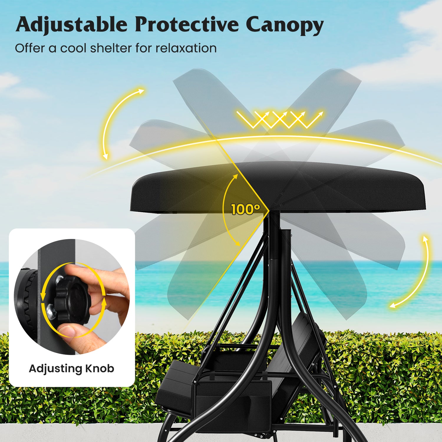 3-Piece Patio Swing with Canopy Removable Cushions and Side Pockets-Black