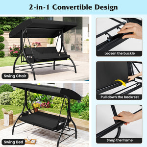 3-Piece Patio Swing with Canopy Removable Cushions and Side Pockets-Black