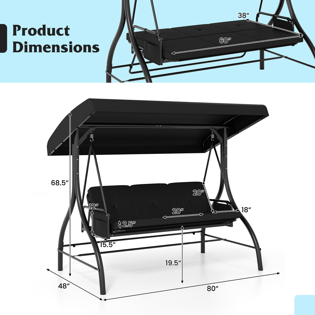 3-Piece Patio Swing with Canopy Removable Cushions and Side Pockets-Black