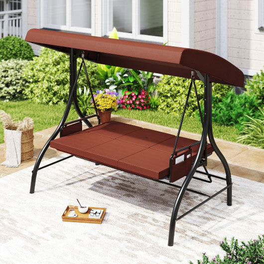 3-Piece Patio Swing with Canopy Removable Cushions and Side Pockets-Brown