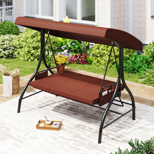 3-Piece Patio Swing with Canopy Removable Cushions and Side Pockets-Brown