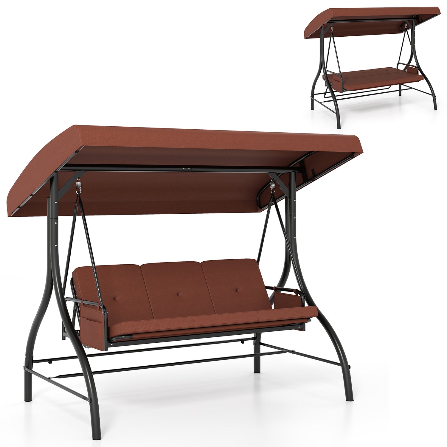 3-Piece Patio Swing with Canopy Removable Cushions and Side Pockets-Brown
