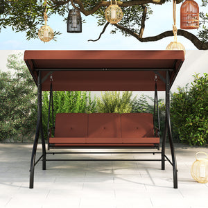 3-Piece Patio Swing with Canopy Removable Cushions and Side Pockets-Brown