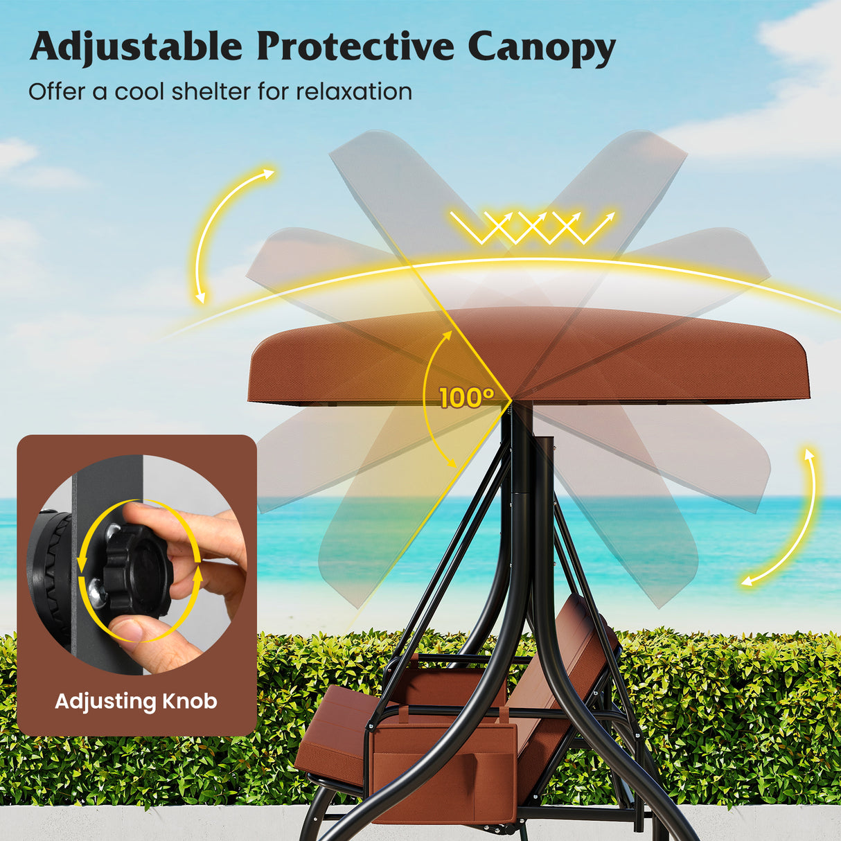 3-Piece Patio Swing with Canopy Removable Cushions and Side Pockets-Brown