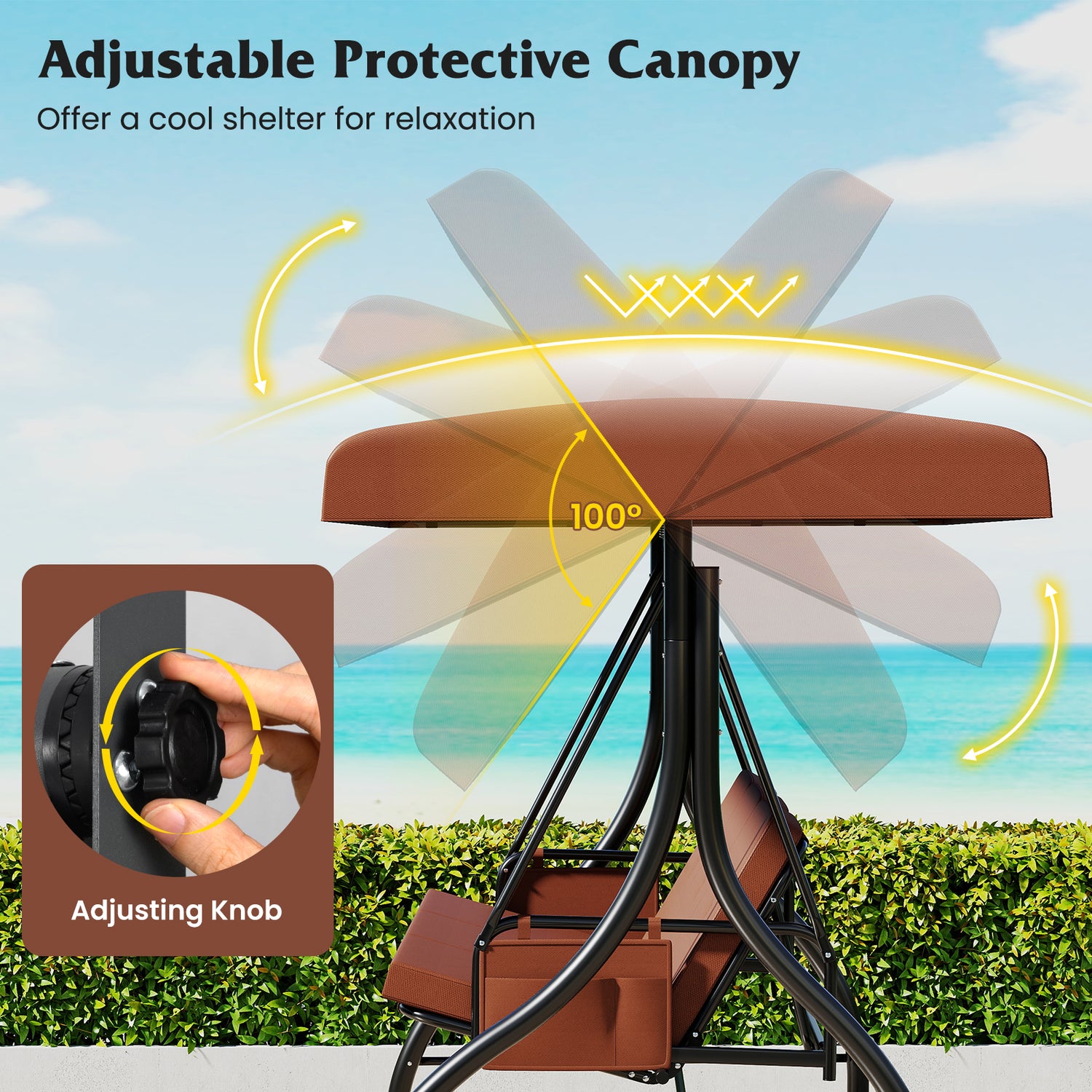 3-Piece Patio Swing with Canopy Removable Cushions and Side Pockets-Brown