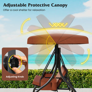 3-Piece Patio Swing with Canopy Removable Cushions and Side Pockets-Brown