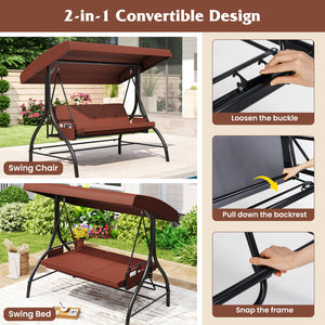 3-Piece Patio Swing with Canopy Removable Cushions and Side Pockets-Brown