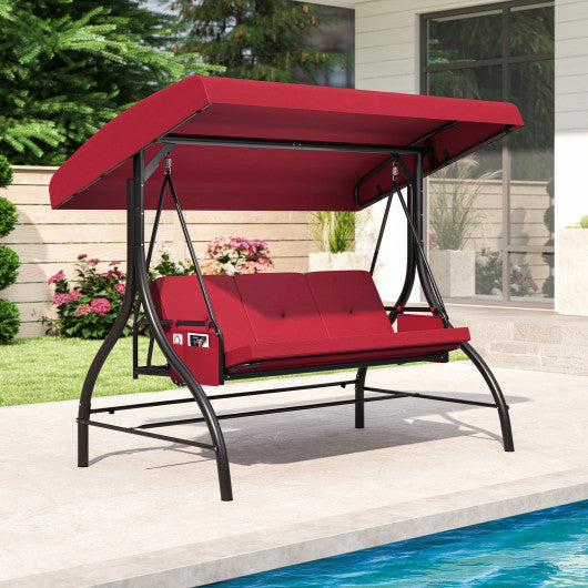 3-Piece Patio Swing with Canopy Removable Cushions and Side Pockets-Burgundy