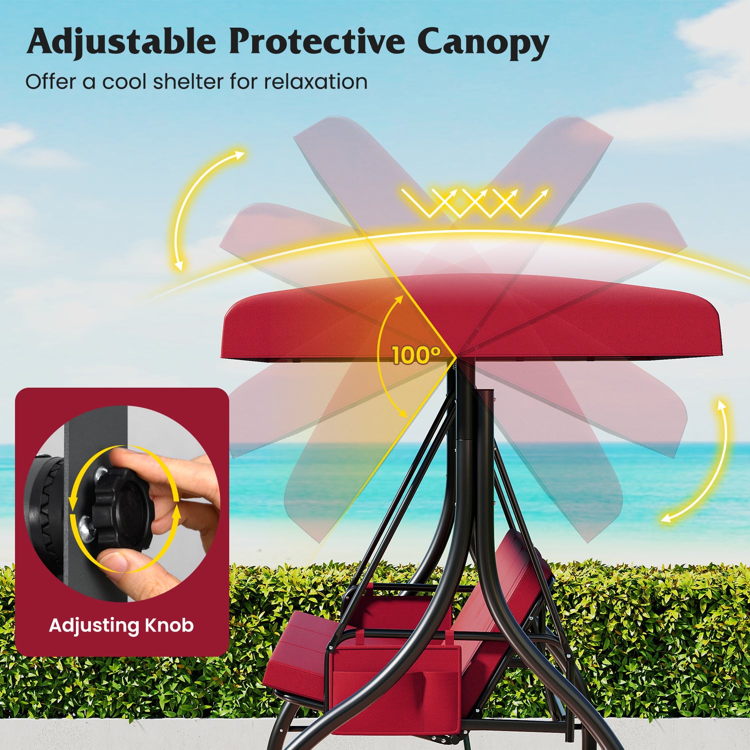 3-Piece Patio Swing with Canopy Removable Cushions and Side Pockets-Burgundy