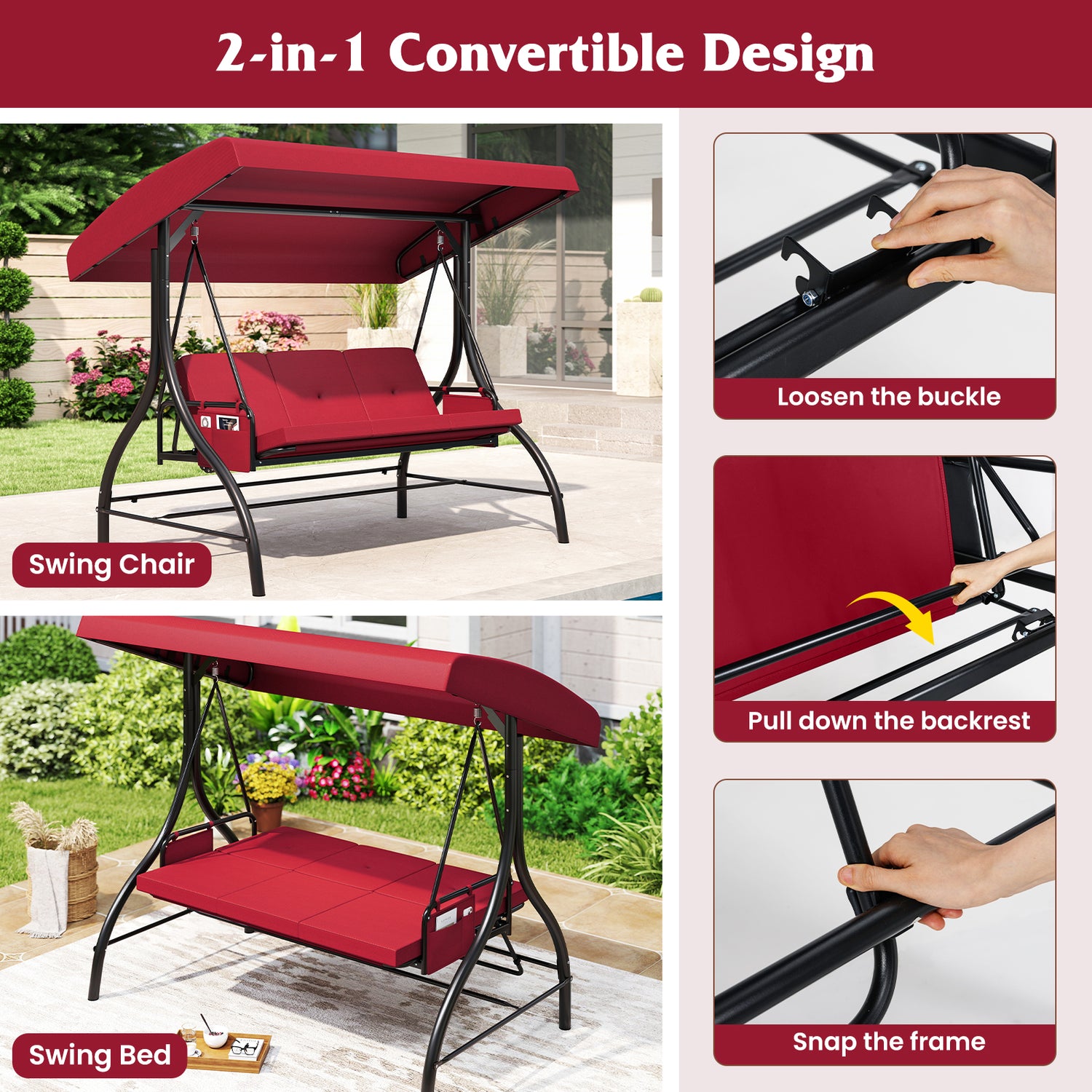 3-Piece Patio Swing with Canopy Removable Cushions and Side Pockets-Burgundy