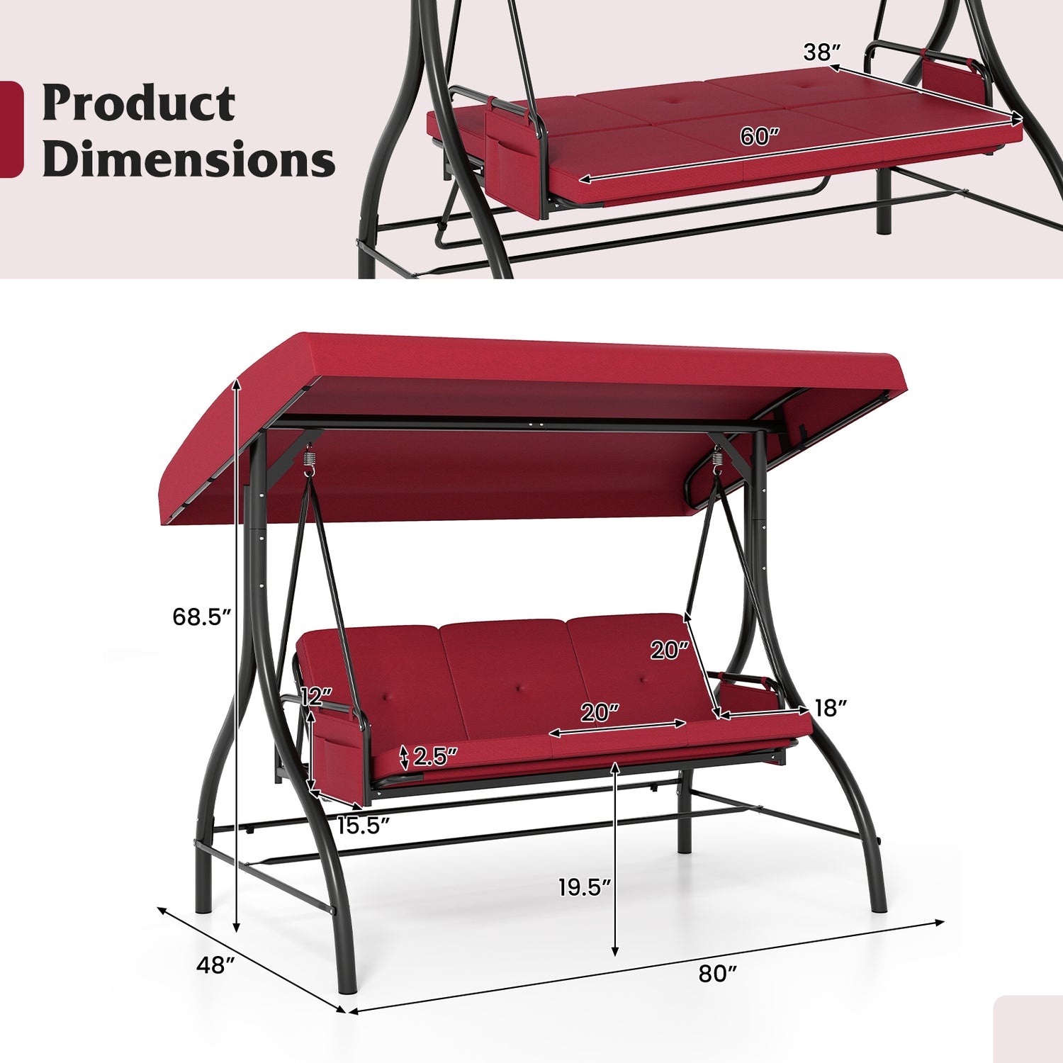 3-Piece Patio Swing with Canopy Removable Cushions and Side Pockets-Burgundy