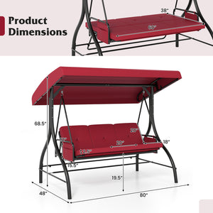 3-Piece Patio Swing with Canopy Removable Cushions and Side Pockets-Burgundy