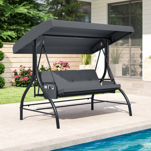 3-Piece Patio Swing with Canopy Removable Cushions and Side Pockets-Gray