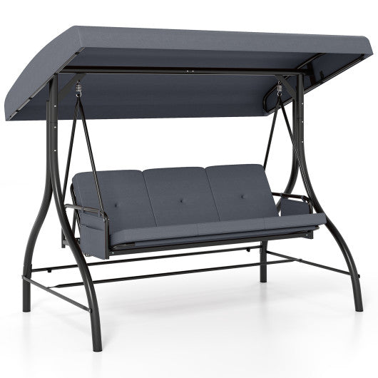 3-Piece Patio Swing with Canopy Removable Cushions and Side Pockets-Gray