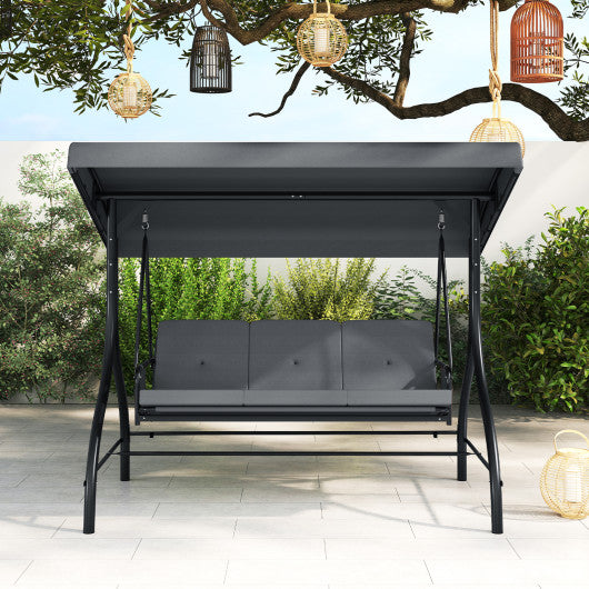 3-Piece Patio Swing with Canopy Removable Cushions and Side Pockets-Gray