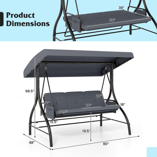 3-Piece Patio Swing with Canopy Removable Cushions and Side Pockets-Gray