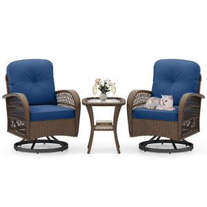 3 Piece Patio Swivel Rocker Set with Tempered Glass Side Table and Thick Cushions-Navy