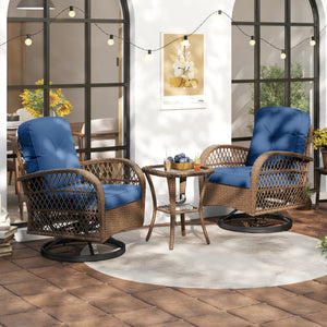 3 Piece Patio Swivel Rocker Set with Tempered Glass Side Table and Thick Cushions-Navy