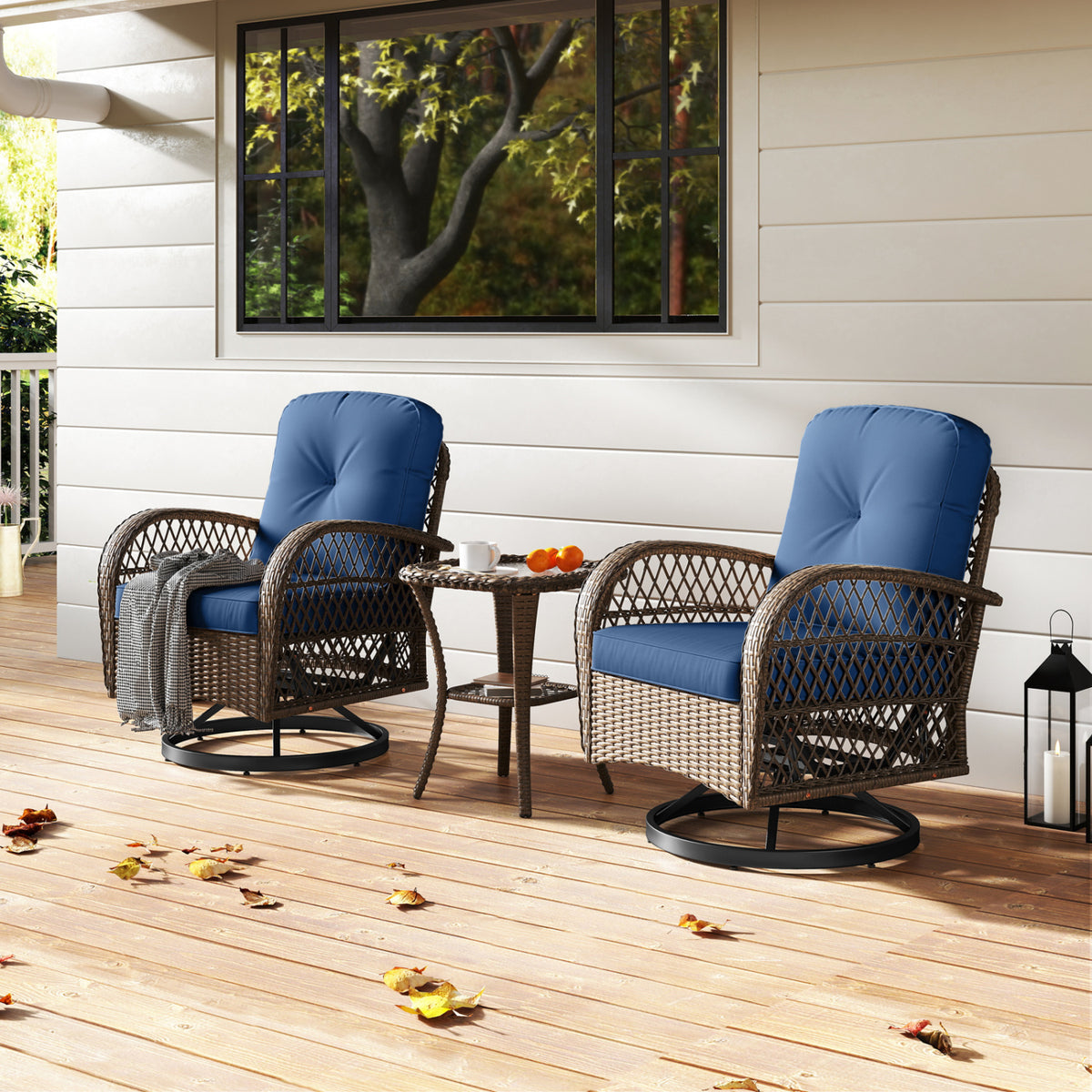 3 Piece Patio Swivel Rocker Set with Tempered Glass Side Table and Thick Cushions-Navy