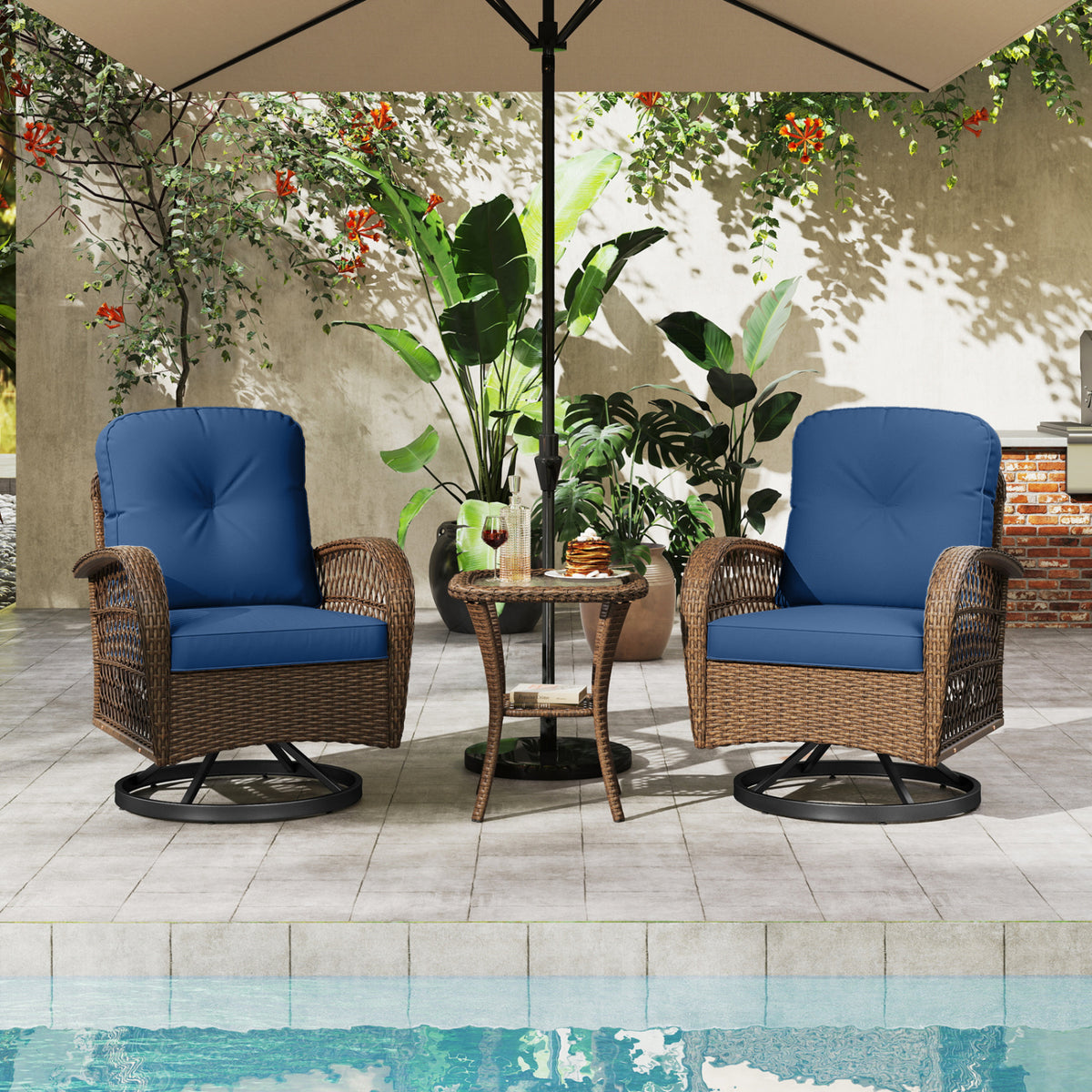 3 Piece Patio Swivel Rocker Set with Tempered Glass Side Table and Thick Cushions-Navy