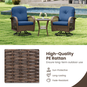 3 Piece Patio Swivel Rocker Set with Tempered Glass Side Table and Thick Cushions-Navy
