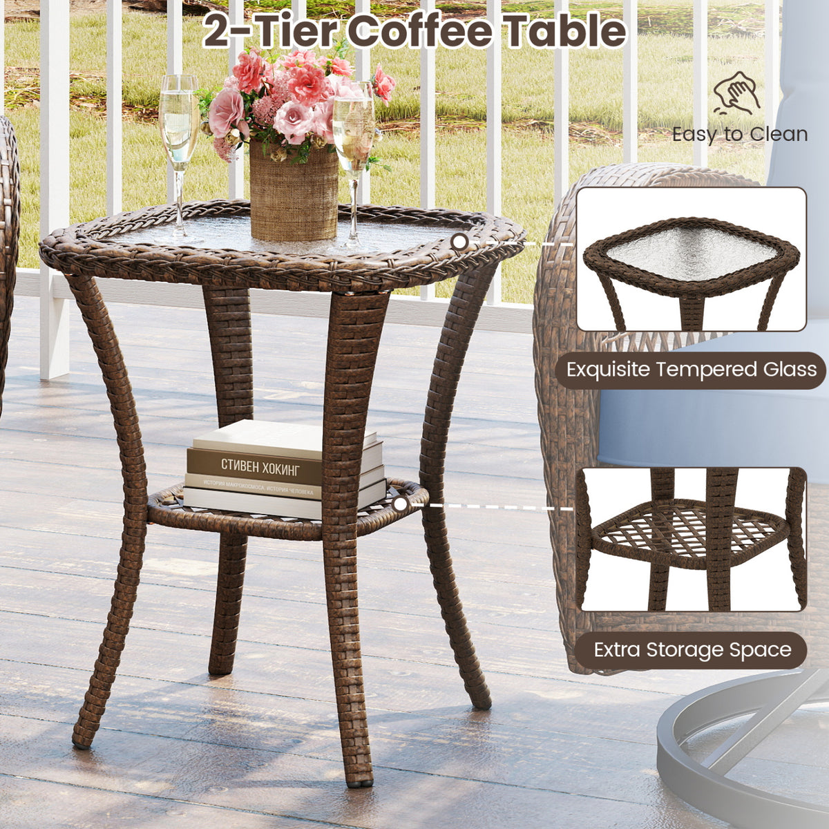 3 Piece Patio Swivel Rocker Set with Tempered Glass Side Table and Thick Cushions-Navy