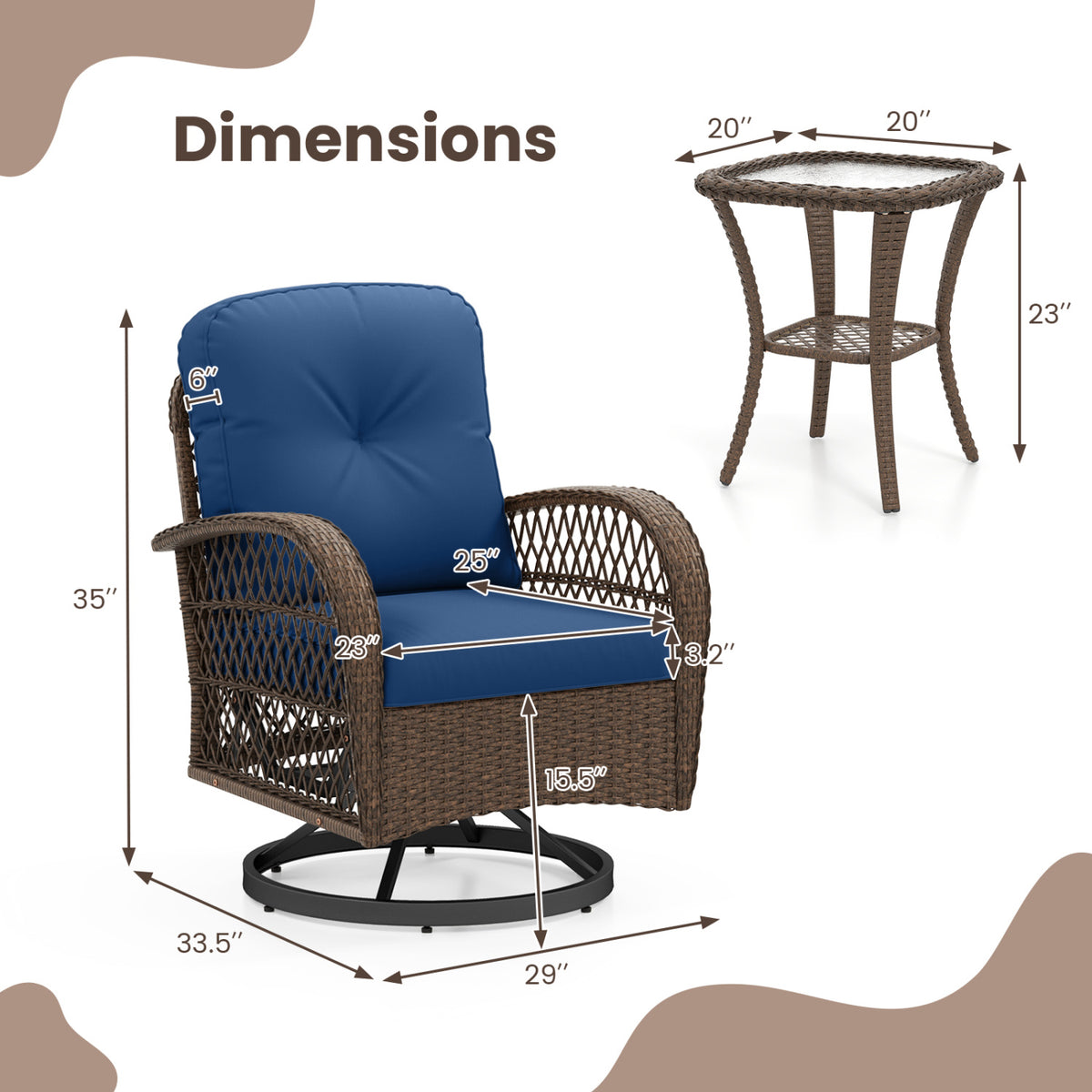 3 Piece Patio Swivel Rocker Set with Tempered Glass Side Table and Thick Cushions-Navy