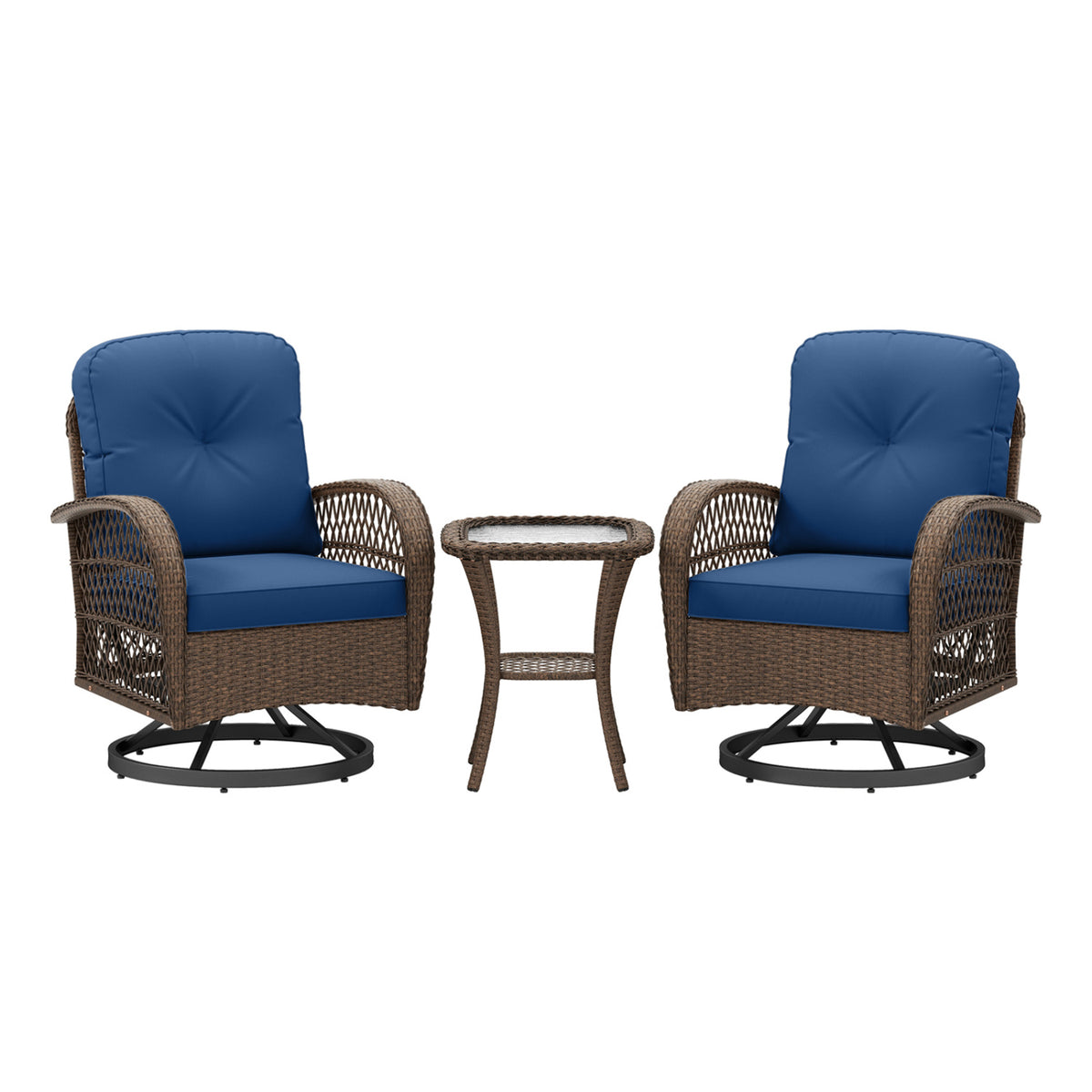3 Piece Patio Swivel Rocker Set with Tempered Glass Side Table and Thick Cushions-Navy