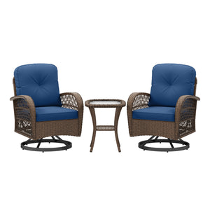 3 Piece Patio Swivel Rocker Set with Tempered Glass Side Table and Thick Cushions-Navy
