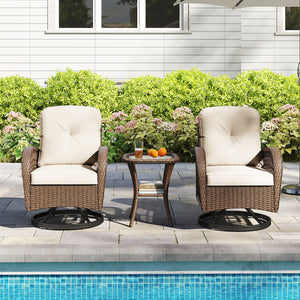3 Piece Patio Swivel Rocker Set with Tempered Glass Side Table and Thick Cushions-White
