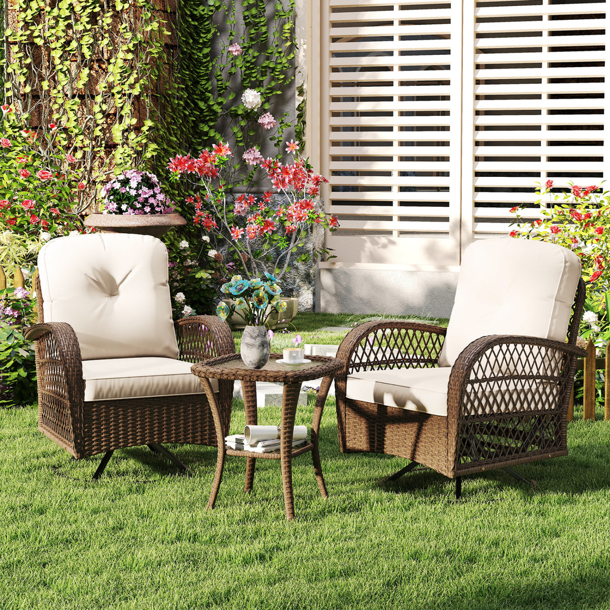 3 Piece Patio Swivel Rocker Set with Tempered Glass Side Table and Thick Cushions-White
