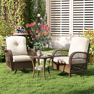 3 Piece Patio Swivel Rocker Set with Tempered Glass Side Table and Thick Cushions-White